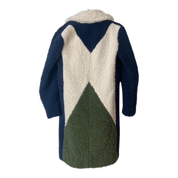 J CREW COAT TEDDY SHERPA LONG COLORBLOCK NAVY WHITE OLIVE GREEN LONGLINE CREAM - Picture 3 of 11